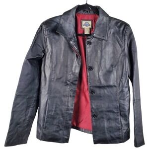 Shaver Lake Black Genuine Leather Jacket Small 90s Minimalist Collared Coat